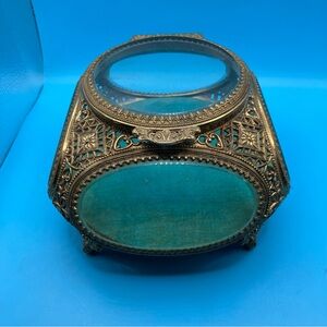 Vintage Himark Japan Teal Beveled Glass Ormolu Filigree Trinket Casket Box